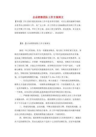 企业销售团队工作计划例文