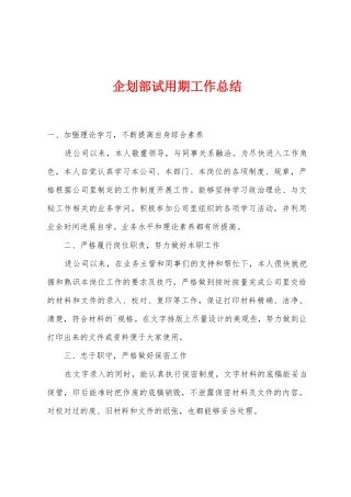 企划部试用期工作总结