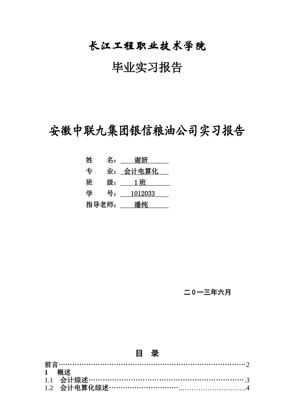 会计电算化专业毕业实习报告_第1页