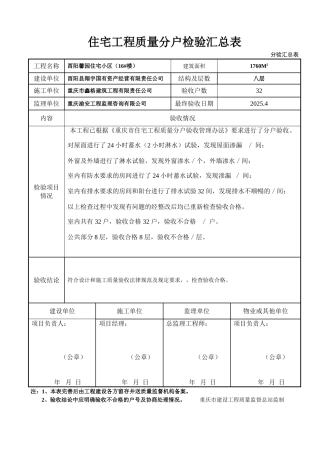 住宅工程质量分户检验汇总表