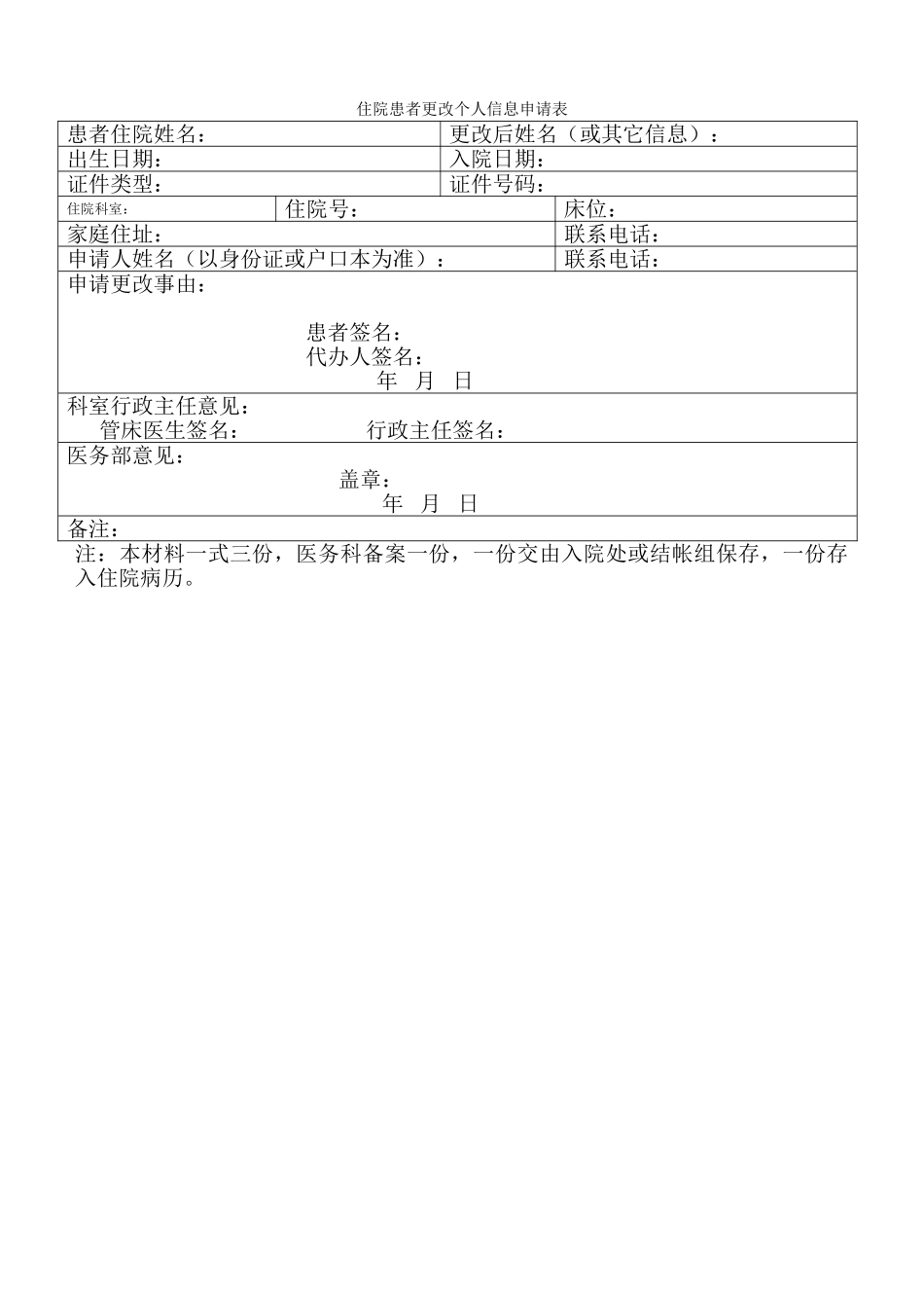 住院患者更改个人信息申请表_第1页