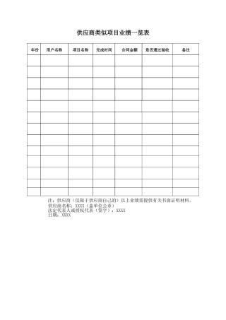 供应商类似项目业绩一览表（标准版）