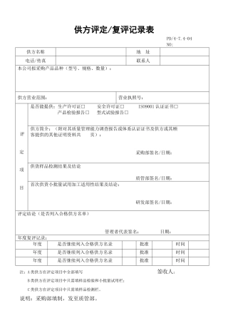 供方评定复评记录表