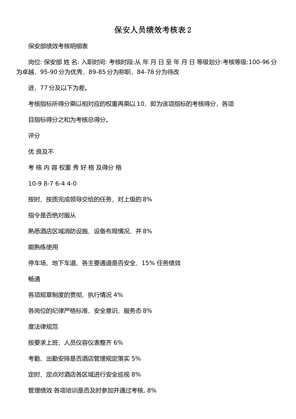 保安人员绩效考核表2_第1页