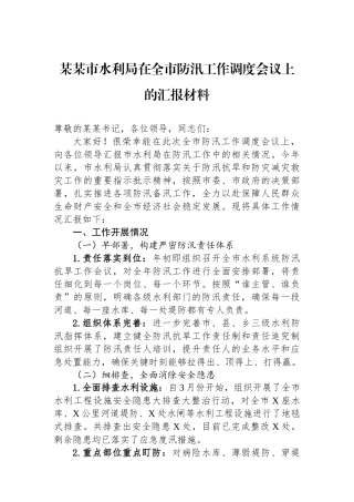 某某市水利局在全市防汛工作调度会议上的汇报材料