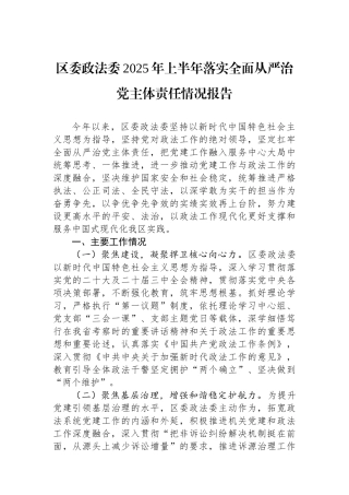 区委政法委2025年上半年落实全面从严治党主体责任情况报告