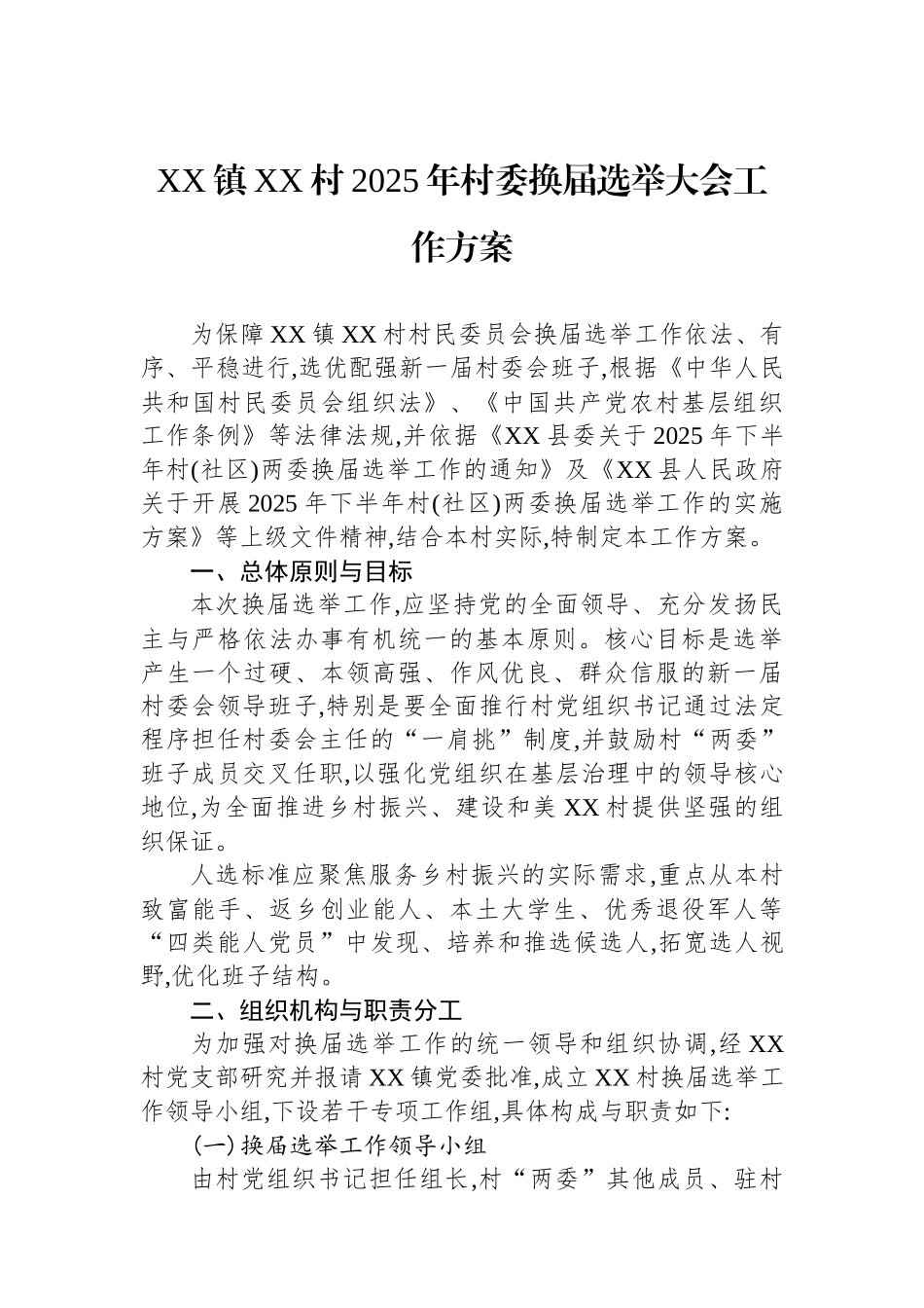 XX镇XX村2025年村委换届选举大会工作方案_第1页