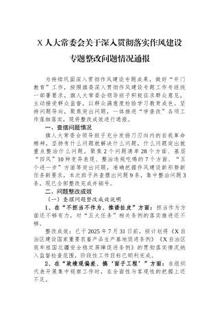 X人大常委会关于深入贯彻落实作风建设专题整改问题情况通报