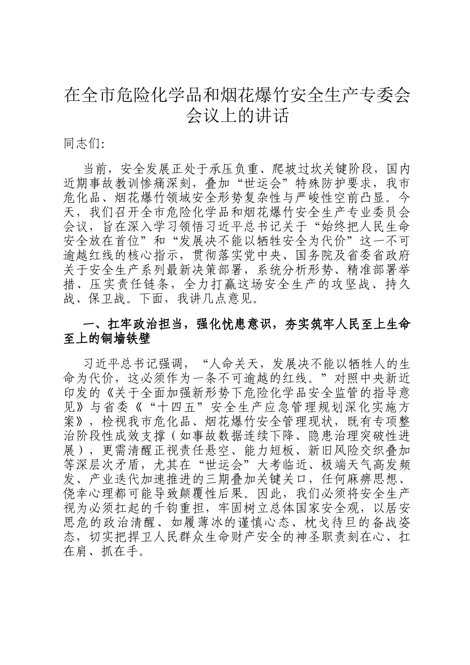 在全市危险化学品和烟花爆竹安全生产专委会会议上的讲话_第1页