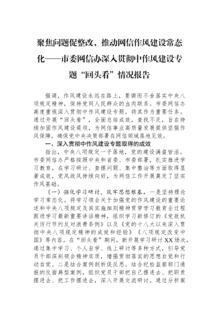 市委网信办深入贯彻中作风建设专题回头看情况报告
