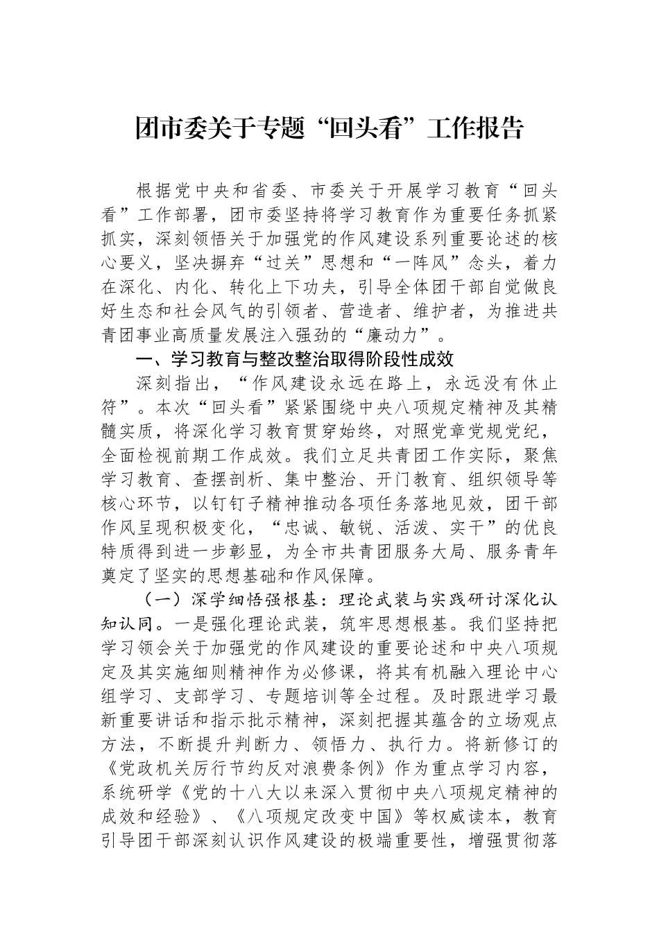 团市委关于专题“回头看”工作报告_第1页