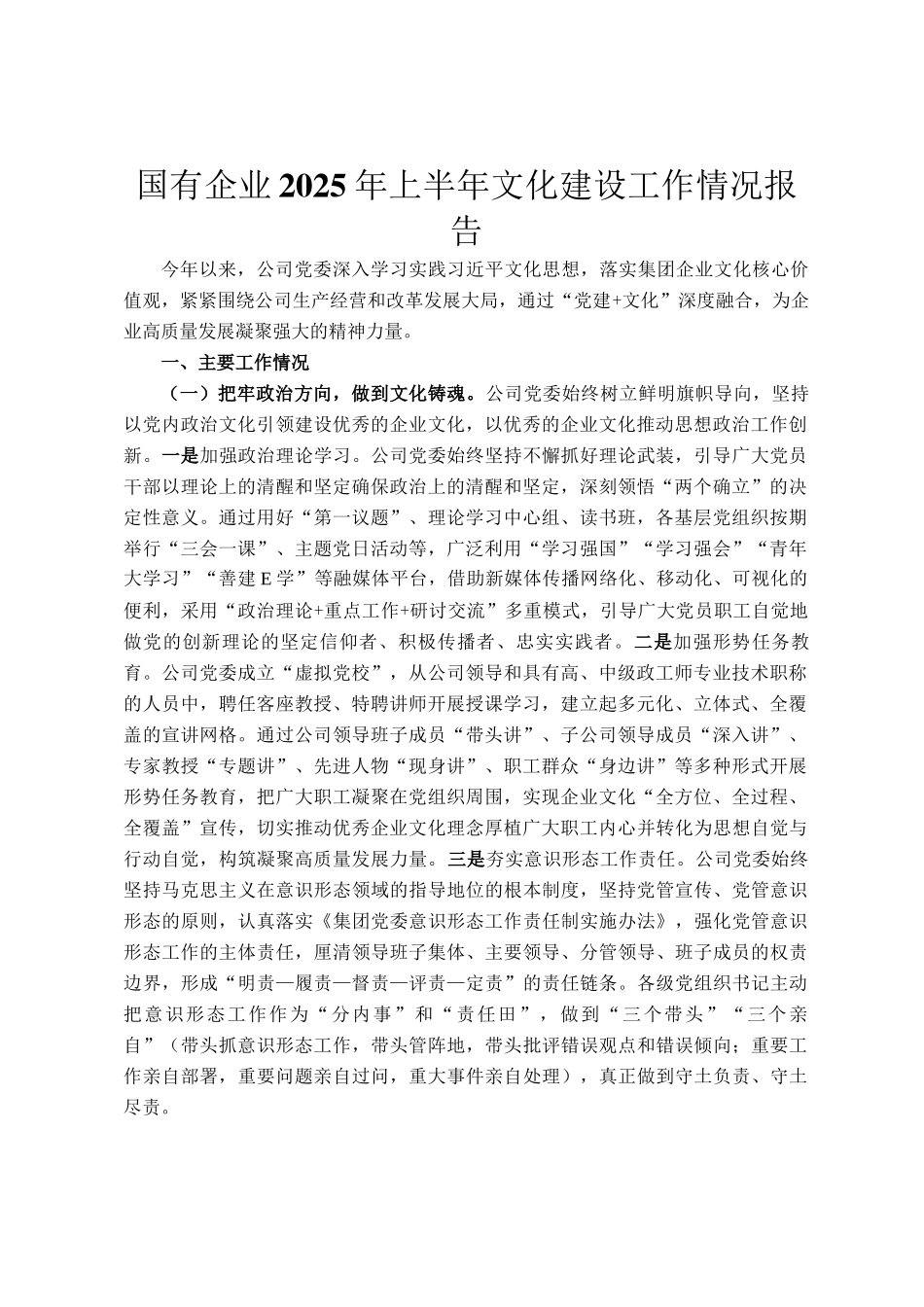 国有企业2025年上半年文化建设工作情况报告_第1页