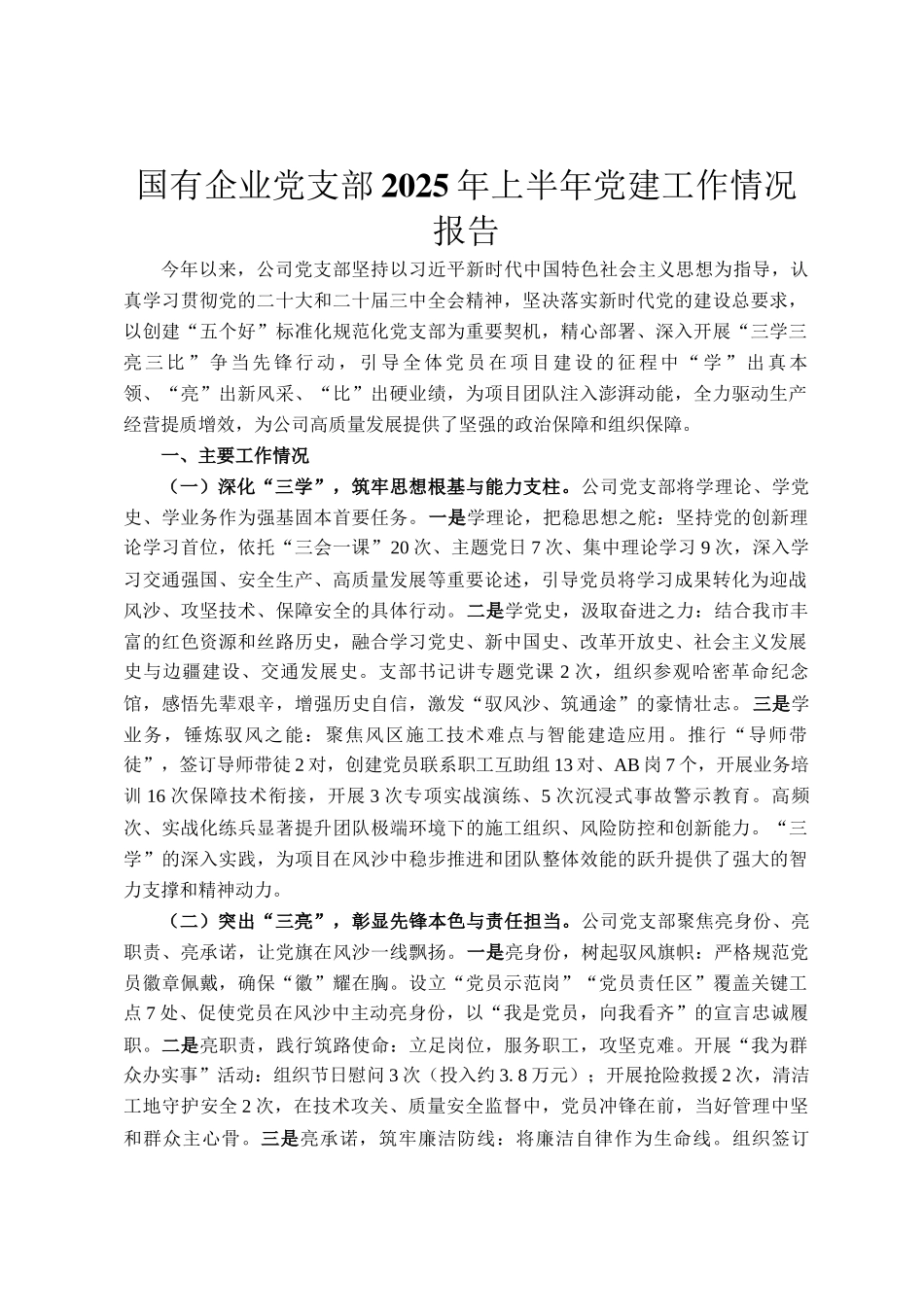 国有企业党支部2025年上半年党建工作情况报告_第1页