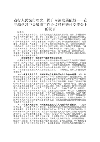 践行人民城市理念，提升内涵发展能效——在专题学习中央城市工作会议精神研讨交流会上的发言