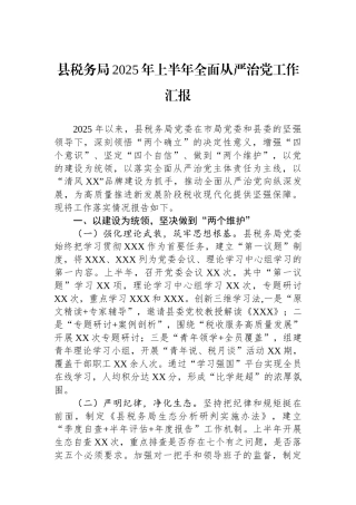 县税务局2025年上半年全面从严治党工作汇报