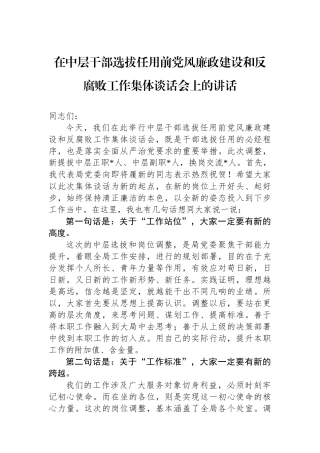 在中层干部选拔任用前党风廉政建设和反腐败工作集体谈话会上的讲话