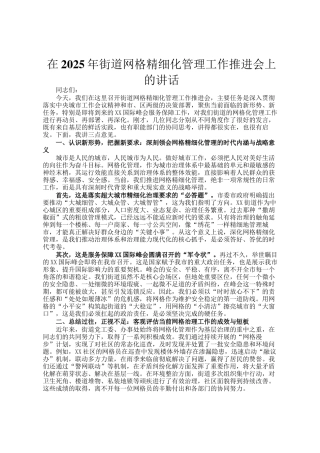 在2025年街道网格精细化管理工作推进会上的讲话