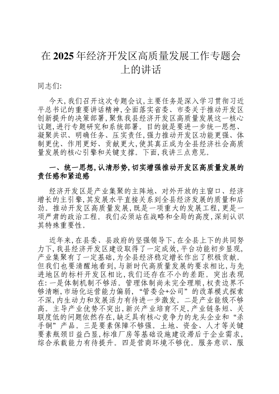 在2025年经济开发区高质量发展工作专题会上的讲话_第1页