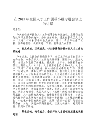 在2025年全区人才工作领导小组专题会议上的讲话