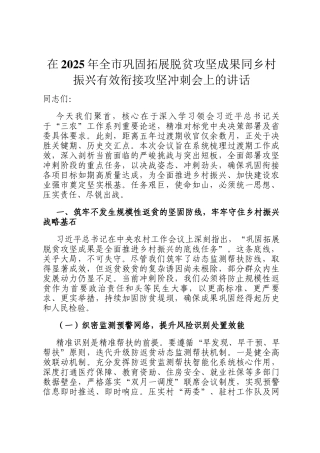 在2025年全市巩固拓展脱贫攻坚成果同乡村振兴有效衔接攻坚冲刺会上的讲话