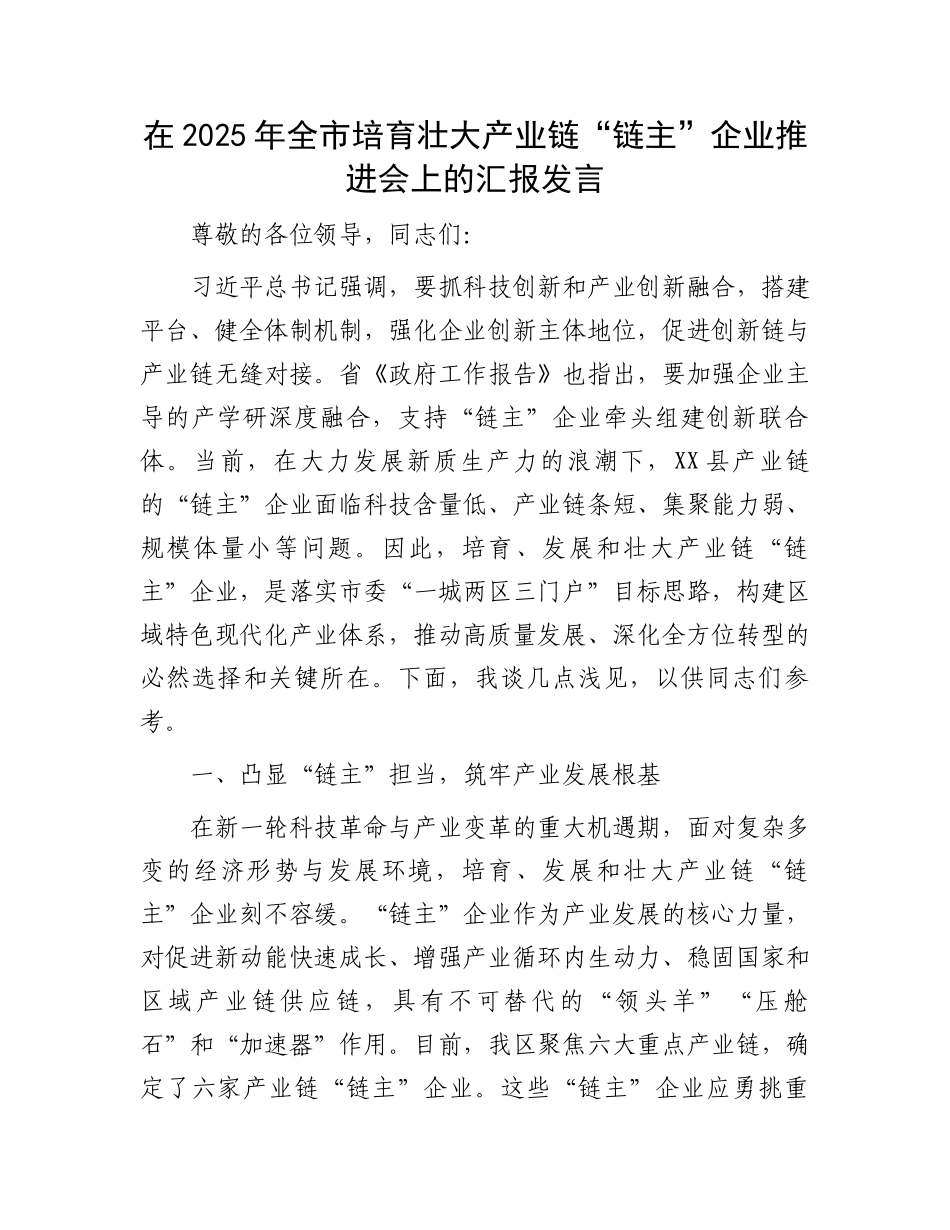 在2025年全市培育壮大产业链“链主”企业推进会上的汇报发言_第1页