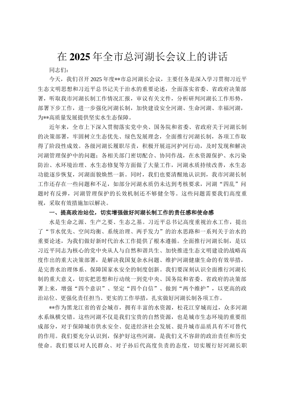 在2025年全市总河湖长会议上的讲话_第1页
