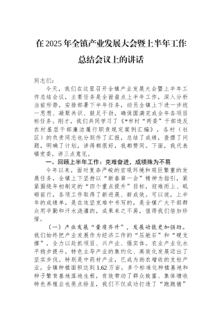 在2025年全镇产业发展大会暨上半年工作总结会议上的讲话