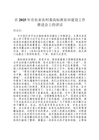 在2025年市农业农村委高标准农田建设工作推进会上的讲话