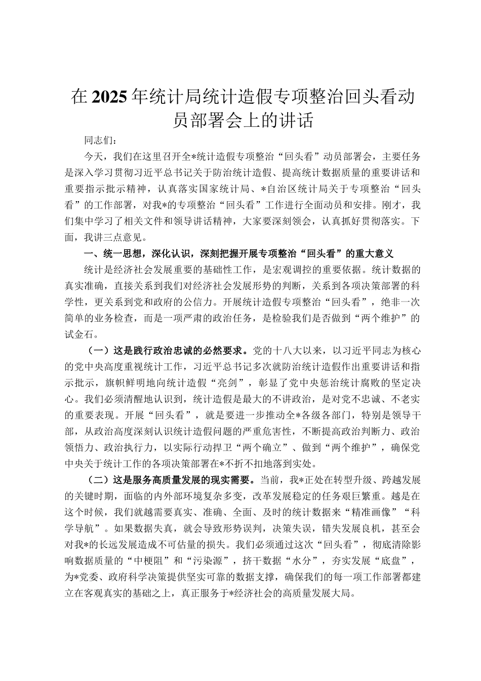 在2025年统计局统计造假专项整治回头看动员部署会上的讲话_第1页