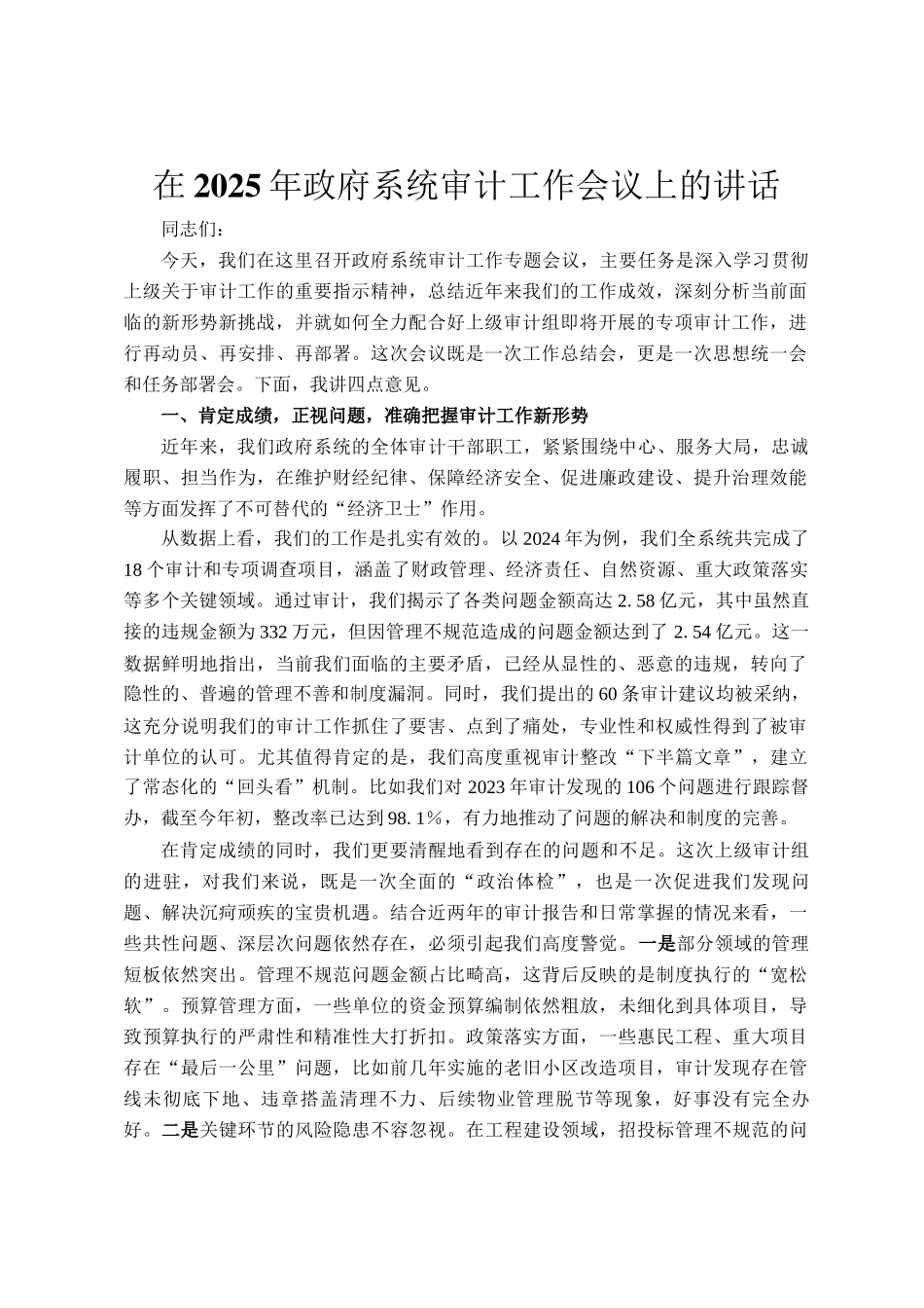 在2025年政府系统审计工作会议上的讲话_第1页