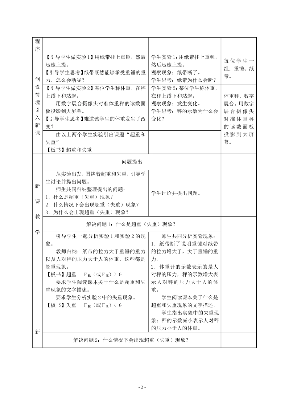 高一物理超重与失重教学设计 新课标 豫教版 必修1_第2页