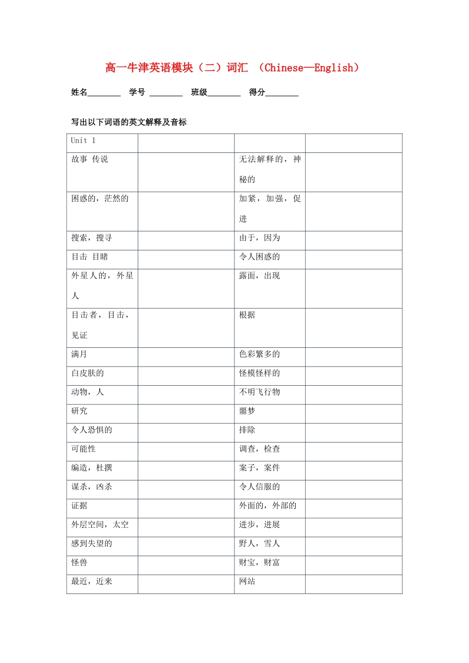 高一英语 模块二词汇默写 牛津版必修2_第1页