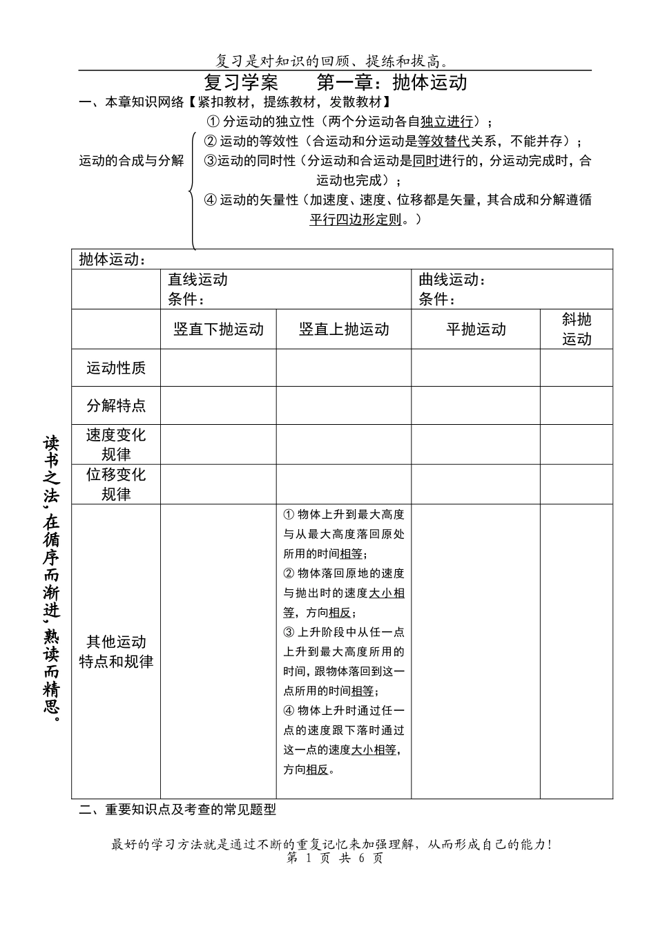 高一物理 第一章：抛体运动 期末复习学案 必修二_第1页