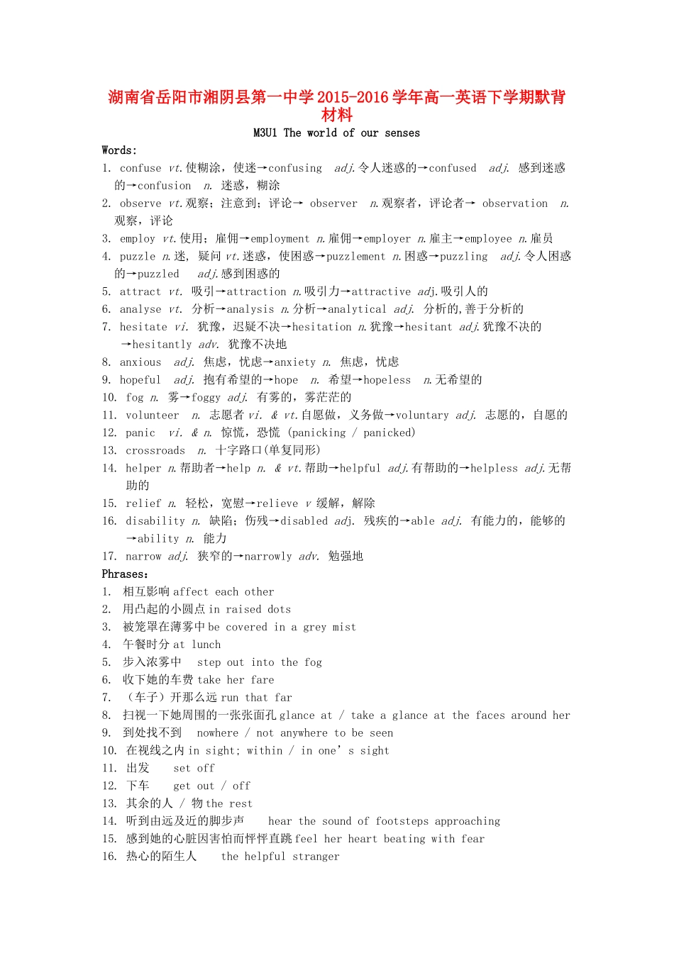 高一英语下学期默背材料-人教版高一全册英语素材_第1页