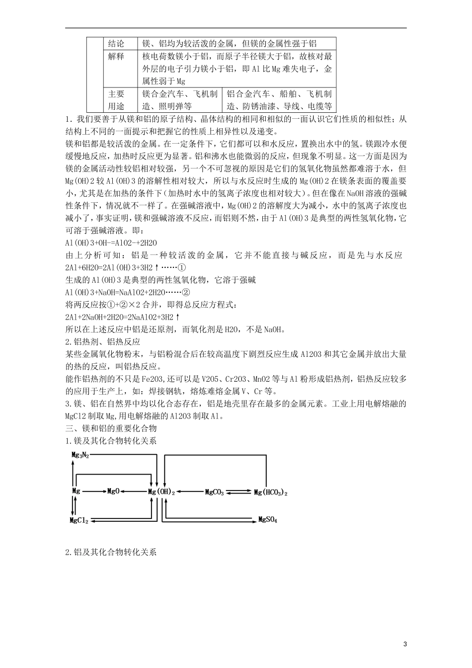 高三化学一轮复习 镁和铝教学案-人教版高三全册化学教学案_第3页