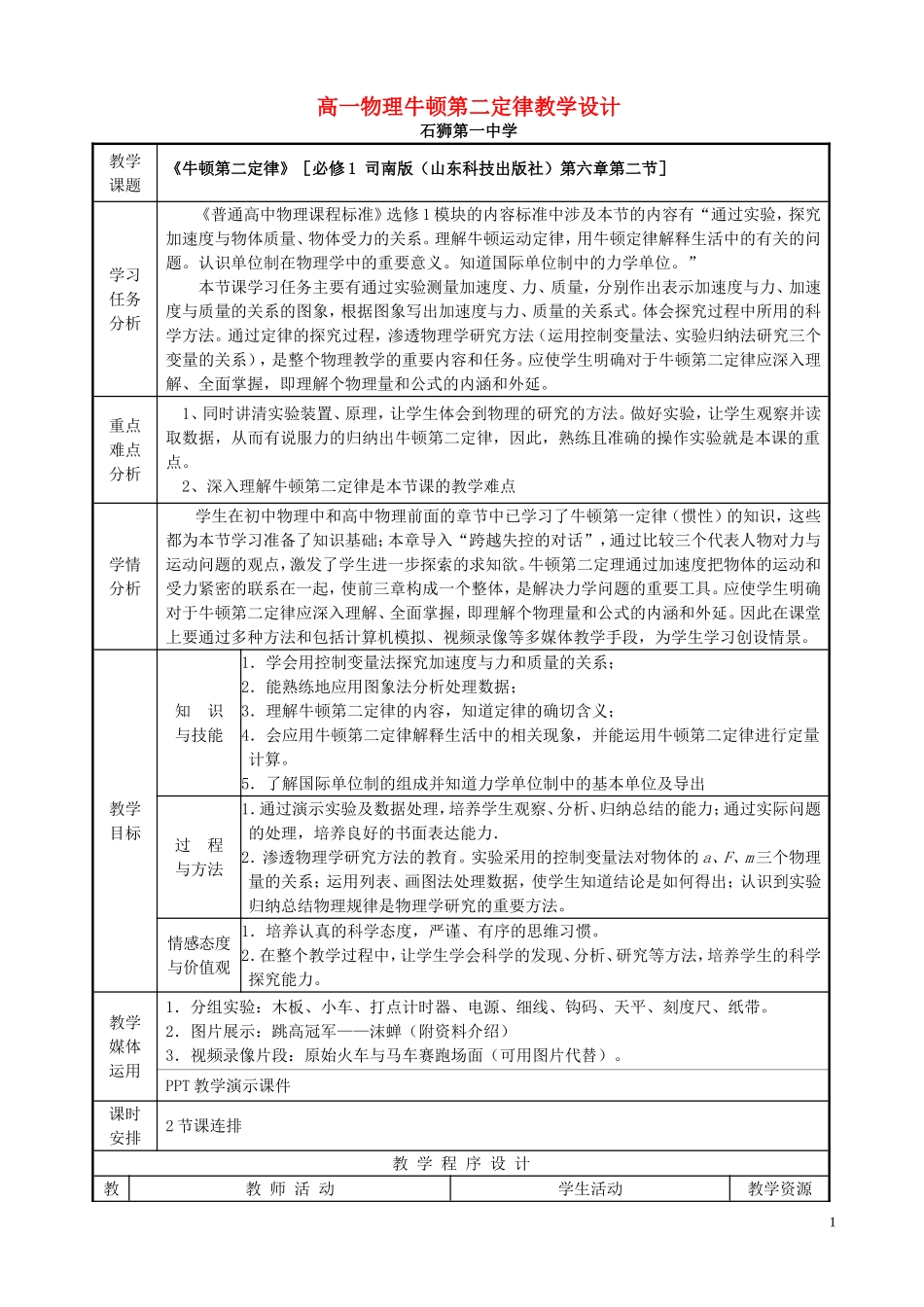 高一物理牛顿第二定律教学设计2 新课标 豫教版 必修1_第1页