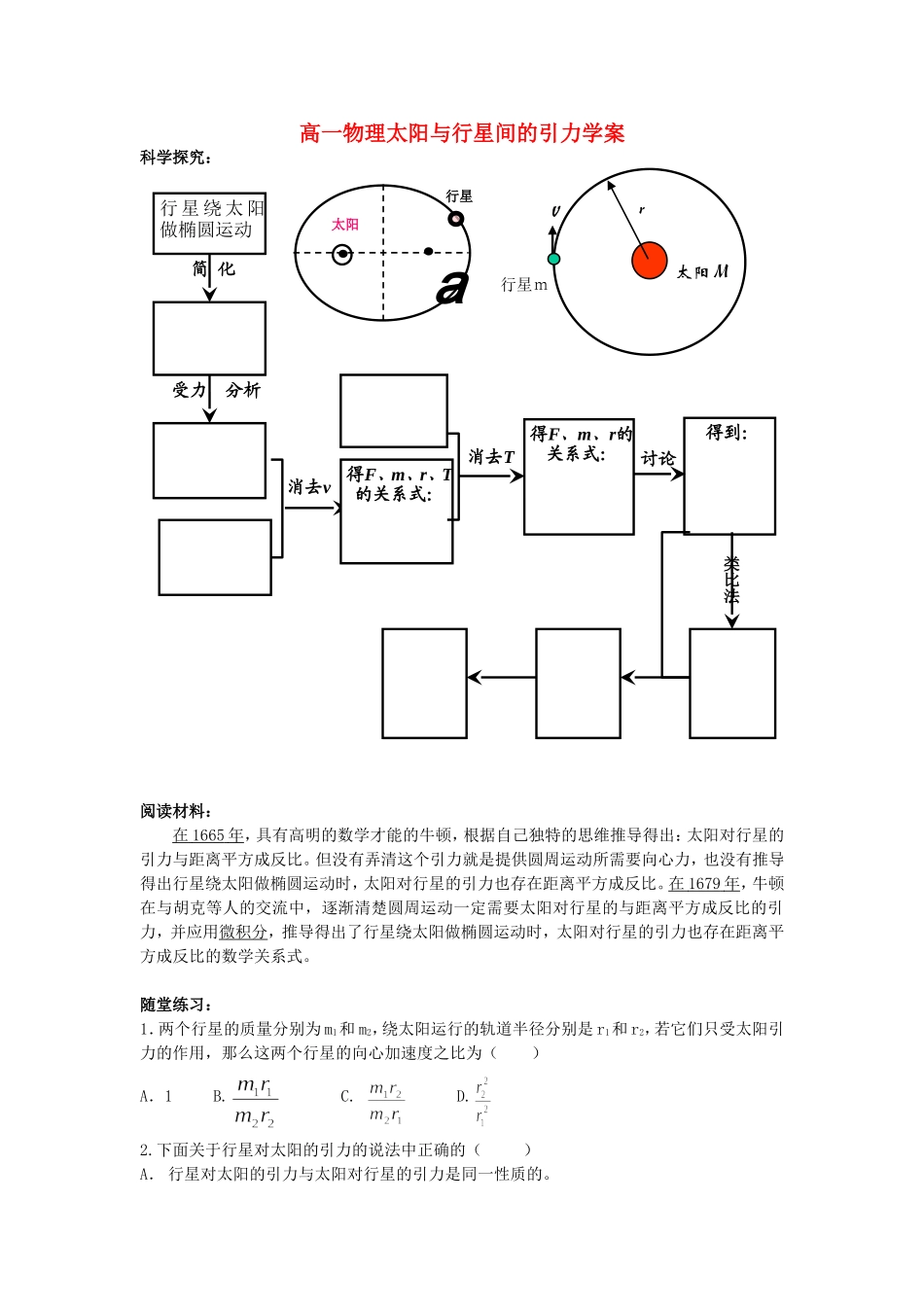 高一物理太阳与行星间的引力学案_第1页