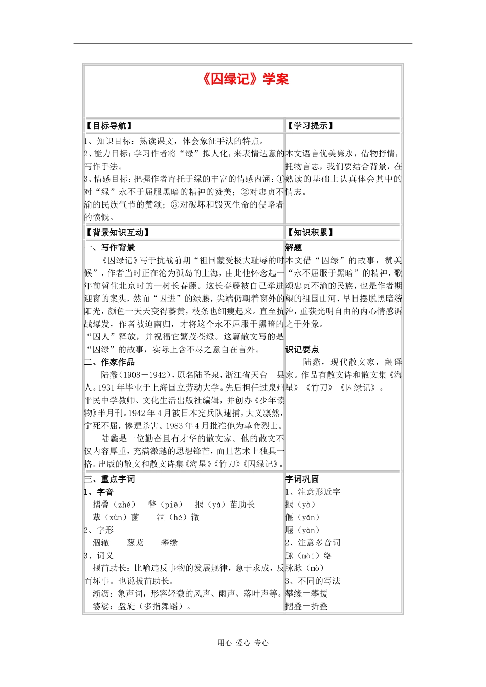 高一语文：1.3《囚绿记》学案旧人教版_第1页
