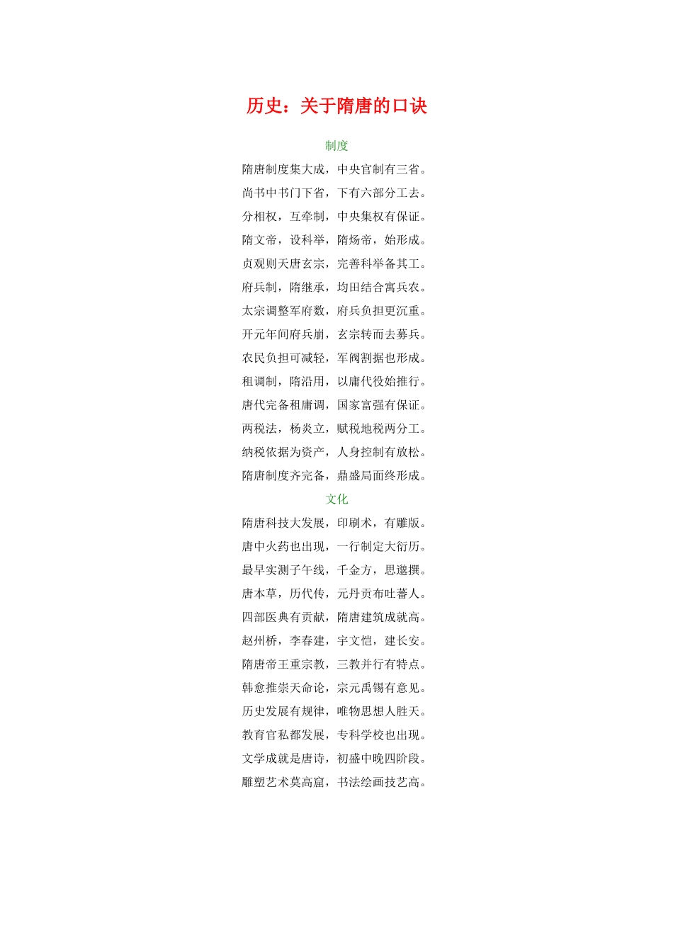 高三历史：关于隋唐的口诀素材 旧人教版_第1页