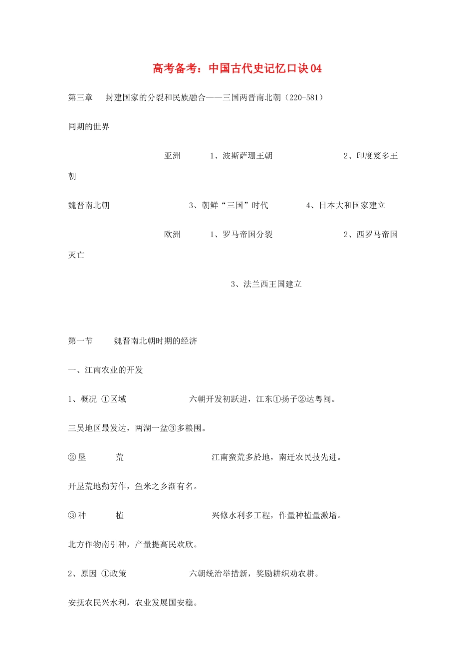 高三历史教学素材 中国古代史记忆口诀04第三章封建国家的分裂和民族融合-三国两晋南北朝_第1页