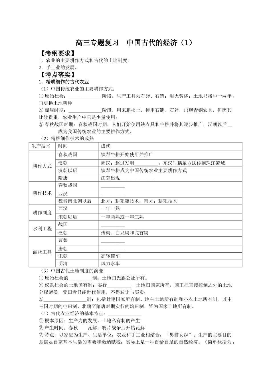 高三历史专题复习学案  中国古代的经济_第1页