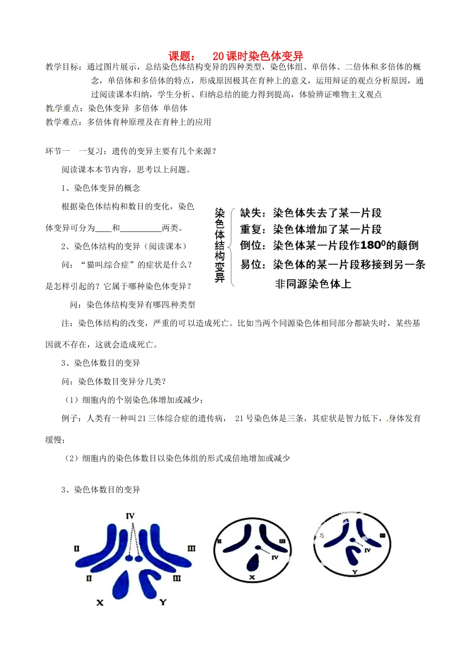 高三生物一轮复习 课题20 染色体变异1教案-人教版高三全册生物教案_第1页