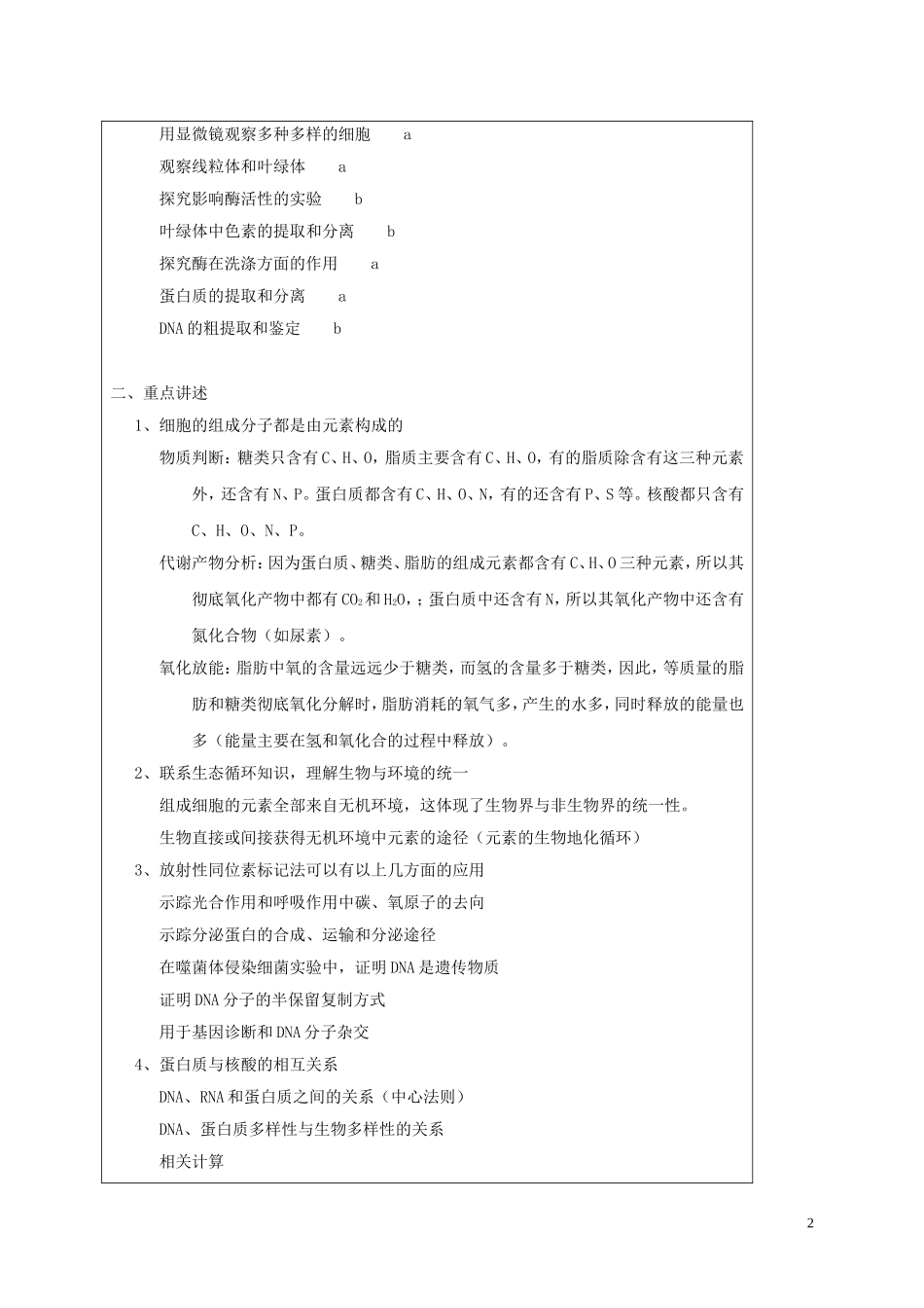 高三生物一轮复习 专题一 生命的基础教学案-人教版高三全册生物教学案_第2页