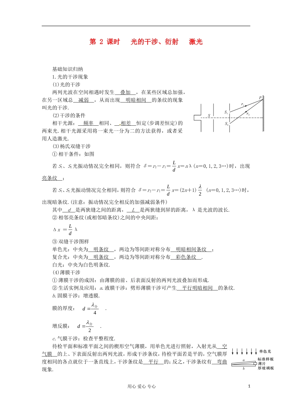 高三物理第一轮复习 光的干涉、衍射　 激光 新人教版_第1页