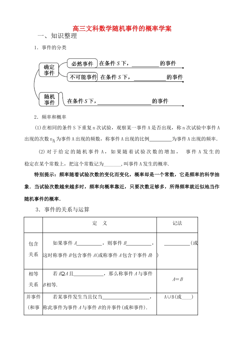 高三数学一轮复习 随机事件的概率学案 文 新人教版_第1页