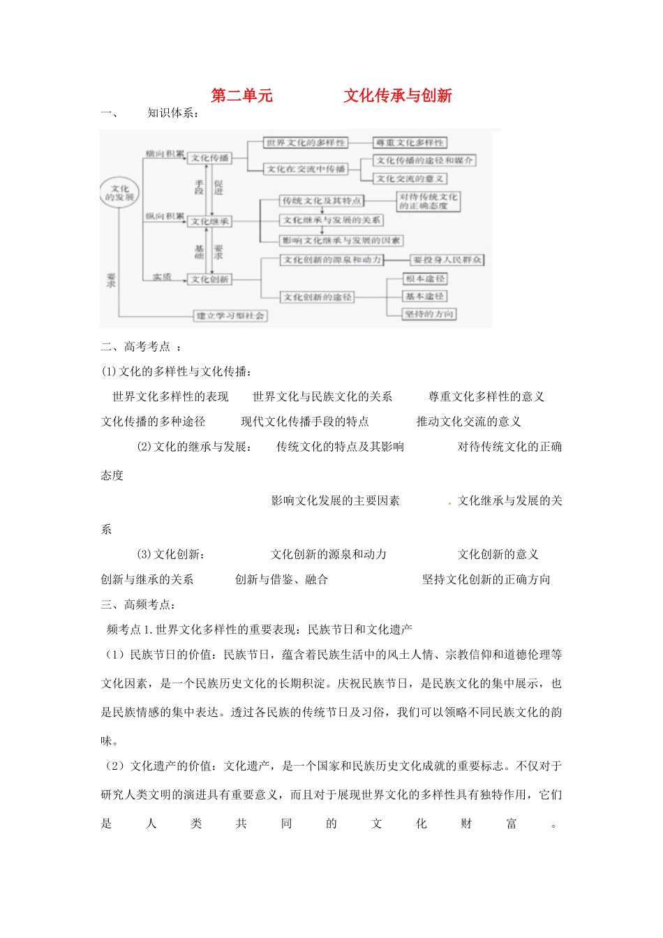 高三政治 艺术生复习资料 文化生活 第二单元 文化传承与创新讲解-人教版高三全册政治素材_第1页