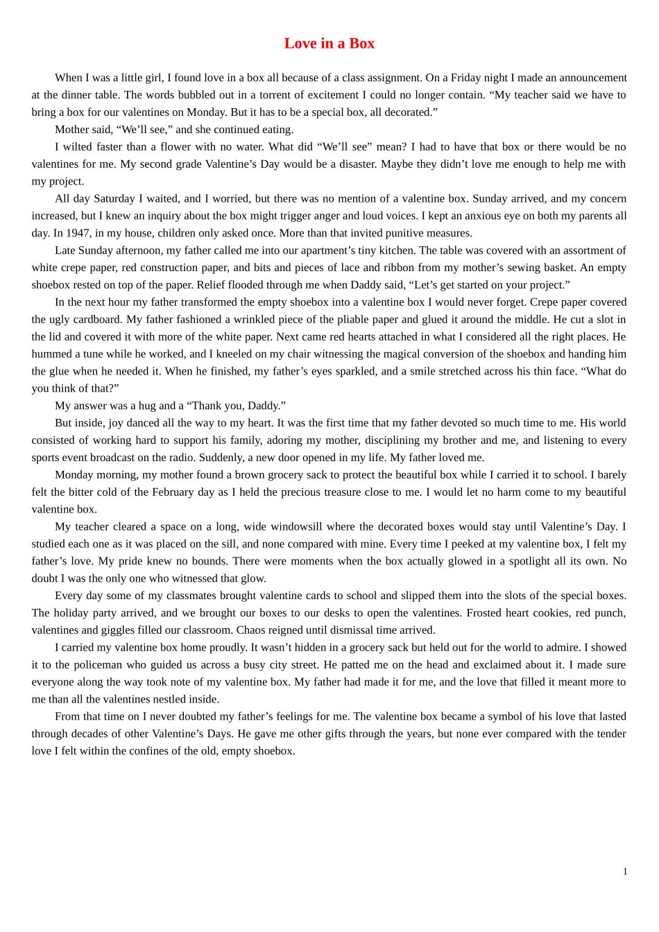 高三英语 Love in a Box 英美短文精选 北师大版选修11_第1页