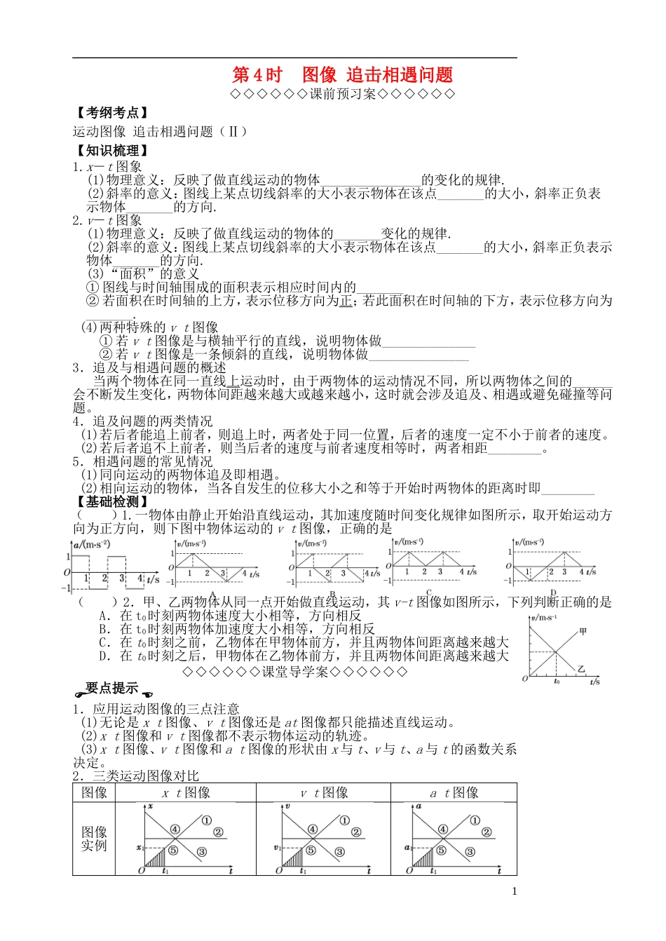 高三物理一轮复习 第一章 运动的描述（第4课时）运动图像 追击相遇问题导学案（必修1）-人教版高三必修1物理学案_第1页