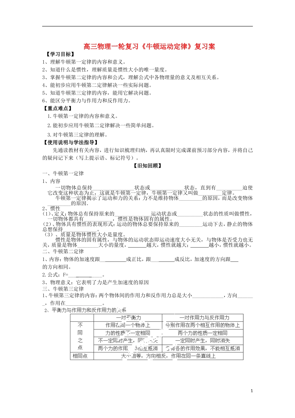 高三物理一轮复习《牛顿运动定律》学案_第1页