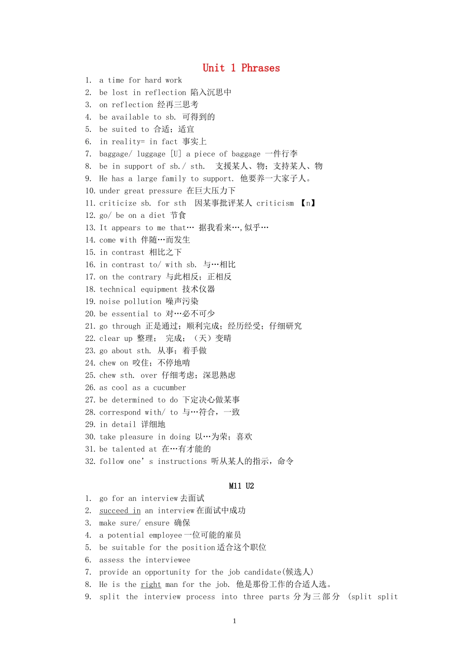 高三英语 各单元词组总结素材 牛津版选修11_第1页